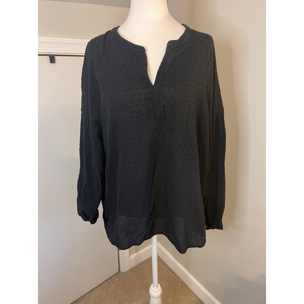 Cotton Bleu Large Black Poka Dot Texture Lay V-Neck Blouse Gauze
